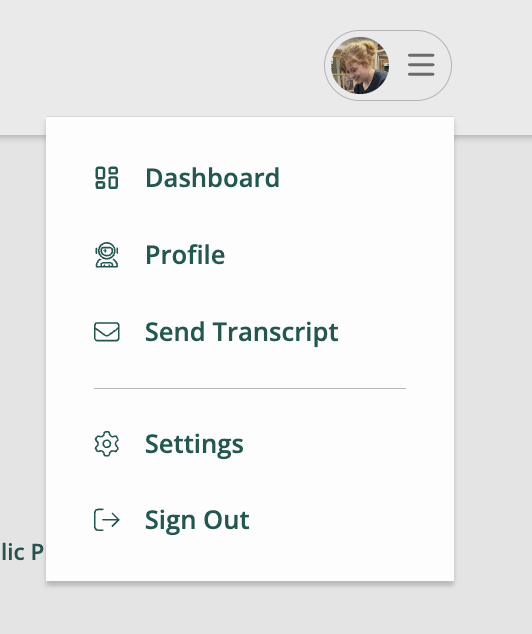 Screenshot of Profile link in upper right menu