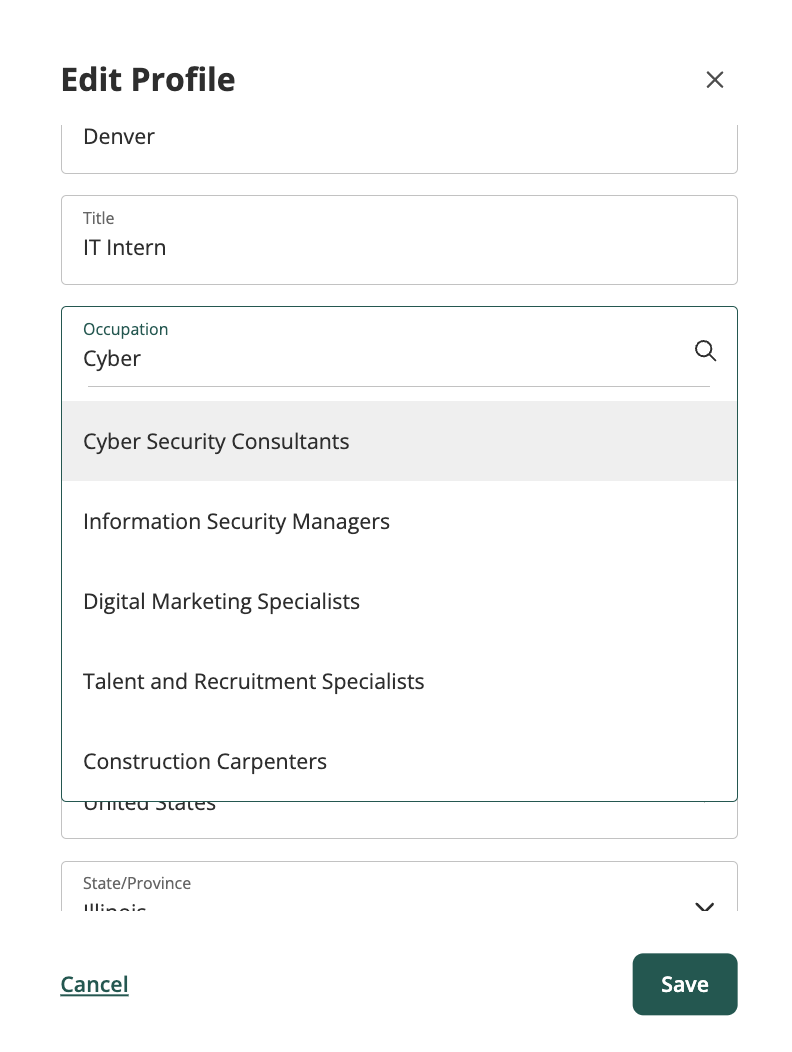 dropdown where you can select an occupation