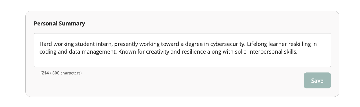 screenshot of sample personal summary statement