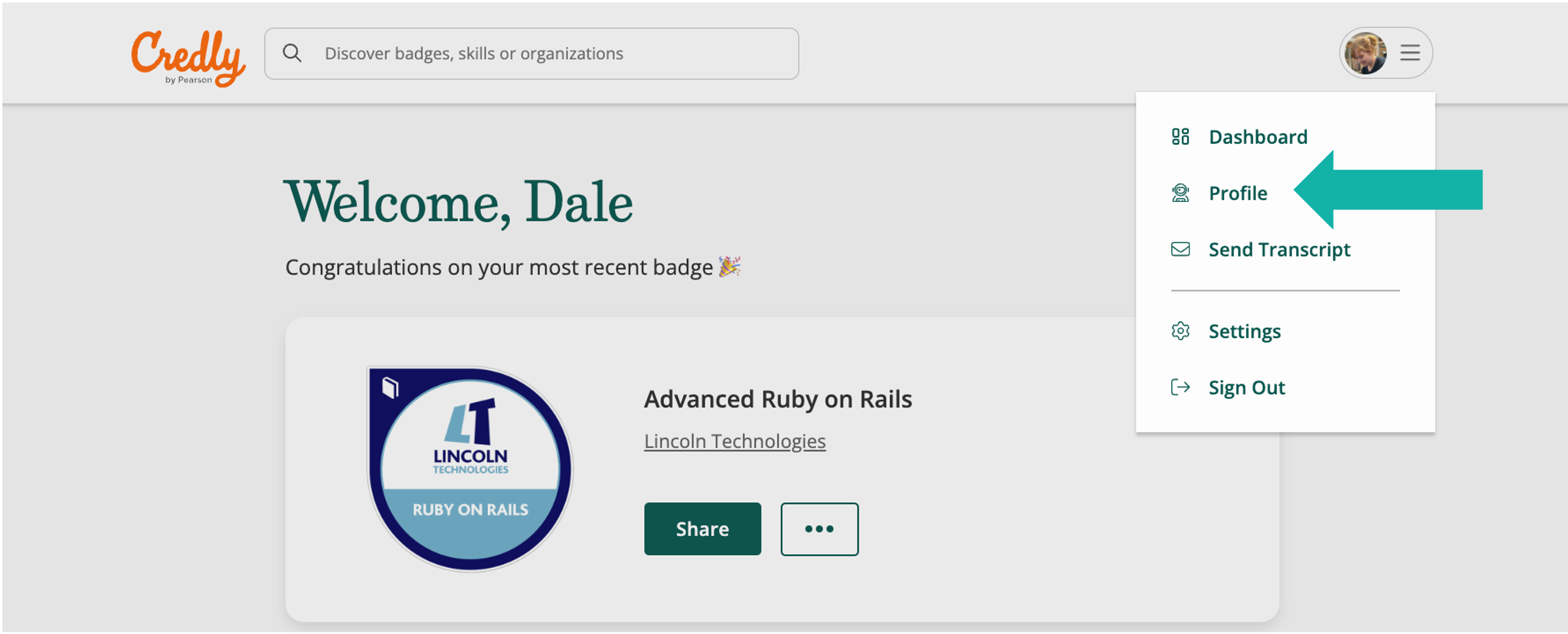 screenshot with green arrow pointing to Profile link in menu