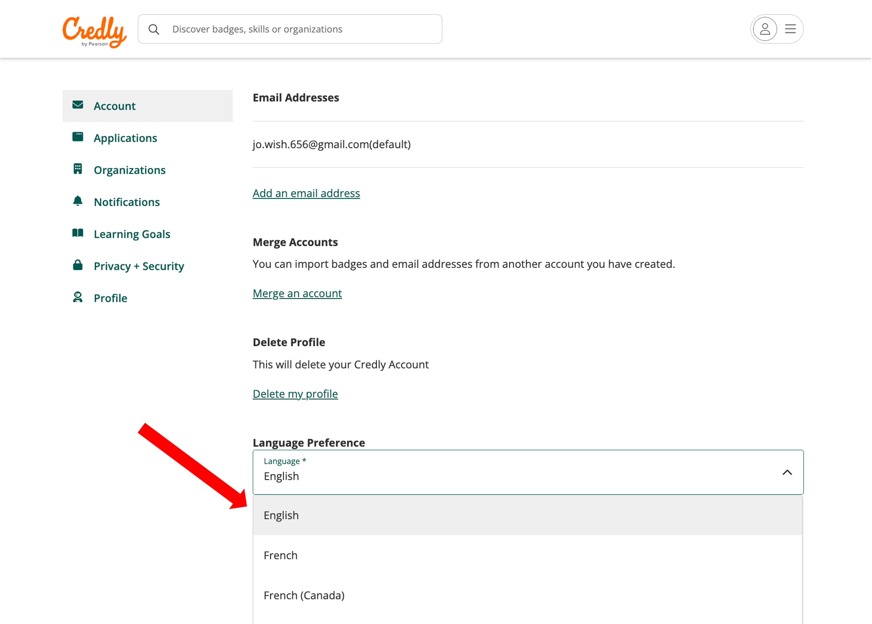 screenshot of where an earner would select an alternative language