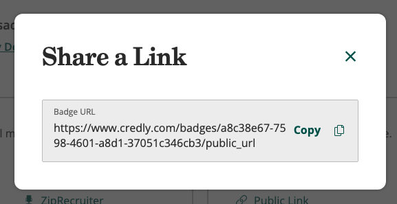 Image of the screen after clicking Public Link where you can copy your public badge link to share out. 
