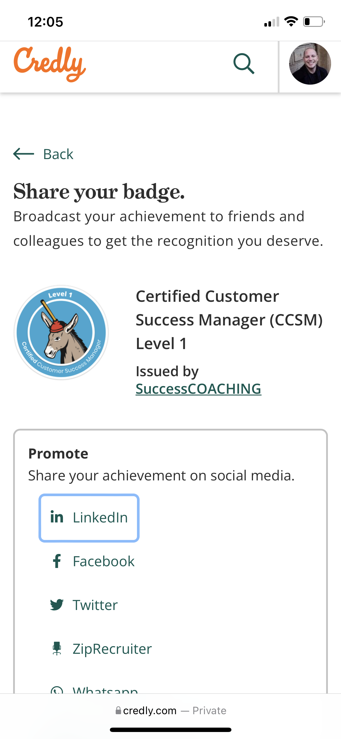 Can I share my badge through my mobile device to LinkedIn 